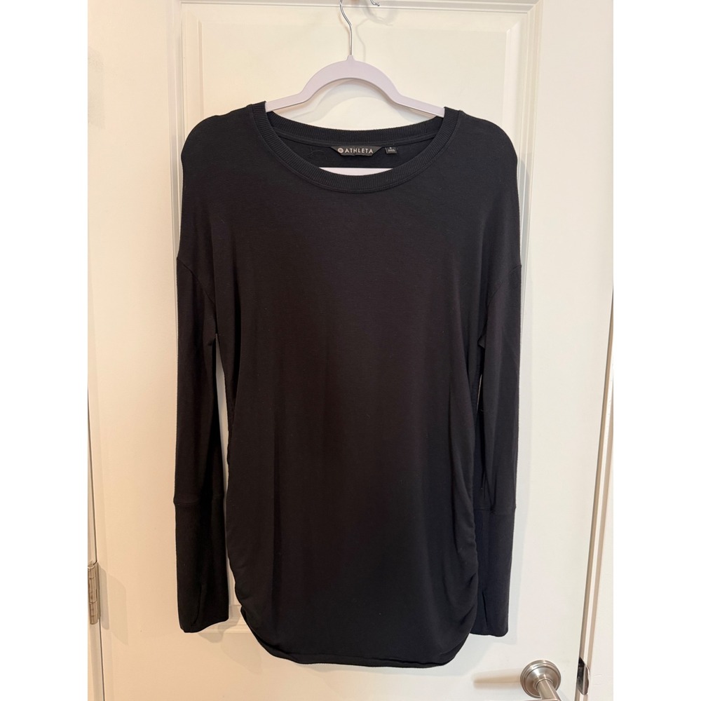 Athleta Womens Black Side Ruched Long Sleeve Tunic‎ Top Crew Neck Small